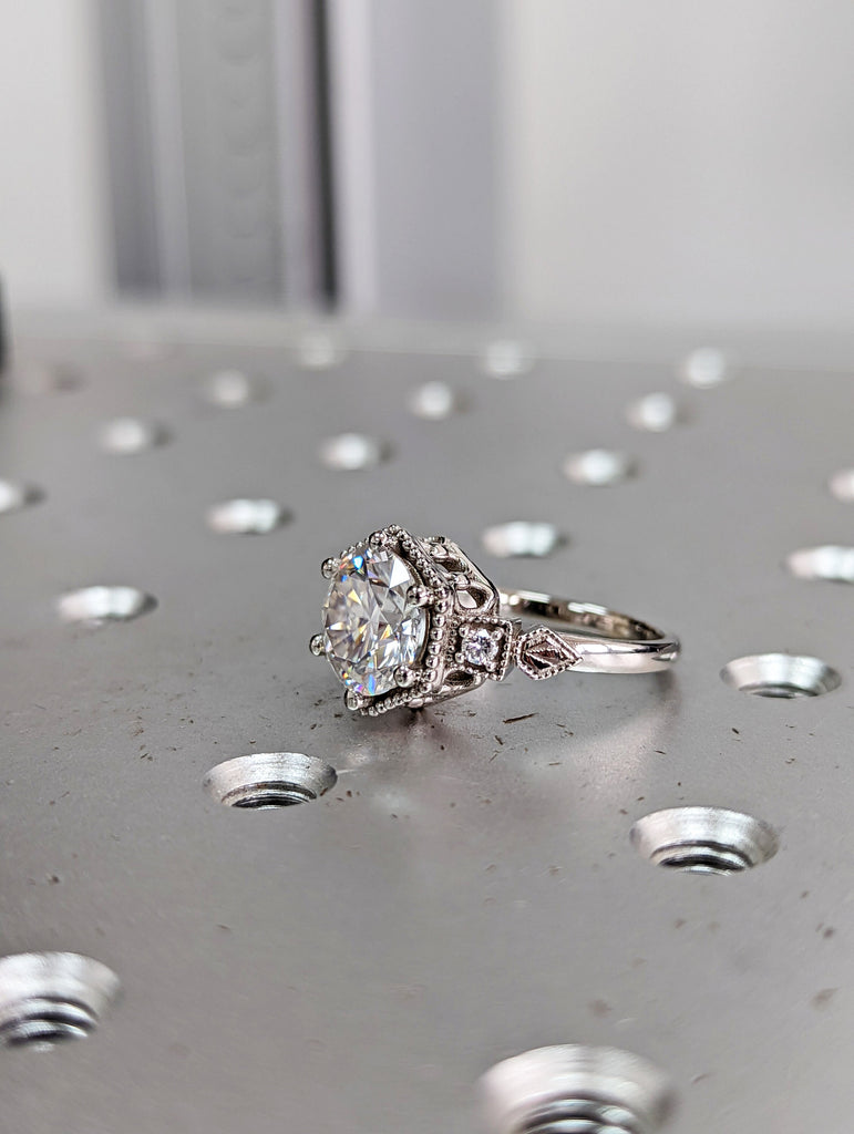 Vintage moissanite engagement ring 14k white gold diamond Art deco wedding ring diamond Vintage Filigree Ring engagement anniversary promise