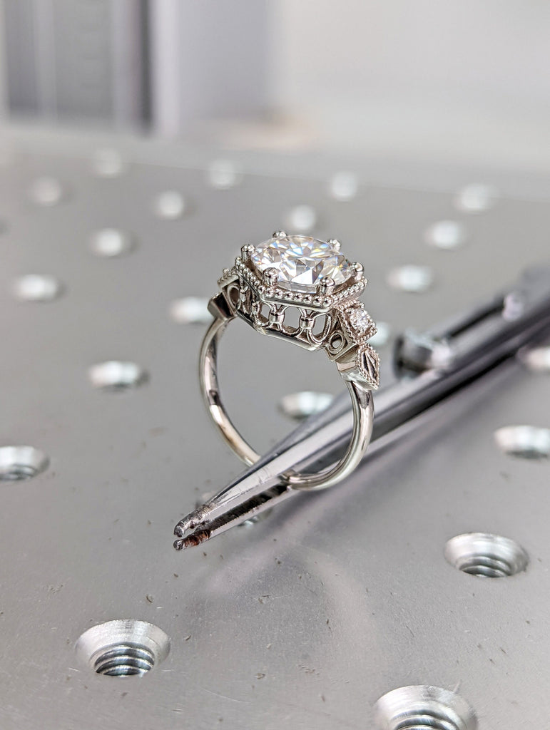 Vintage moissanite engagement ring 14k white gold diamond Art deco wedding ring diamond Vintage Filigree Ring engagement anniversary promise