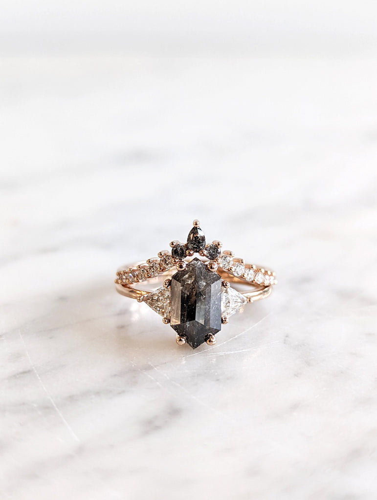 Raw Diamond Hexagon Triangle Diamond, Salt and Pepper, Plain Unique Bridal Engagement Set, Rose Cut Geometric Diamond Ring, Custom Handmade