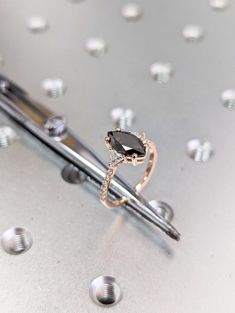 Raw Diamond Marquise Triangle Diamond, Salt and Pepper, Unique Engagement Ring, Rose Cut Geometric Diamond Ring, 14k Gold, Custom Handmade