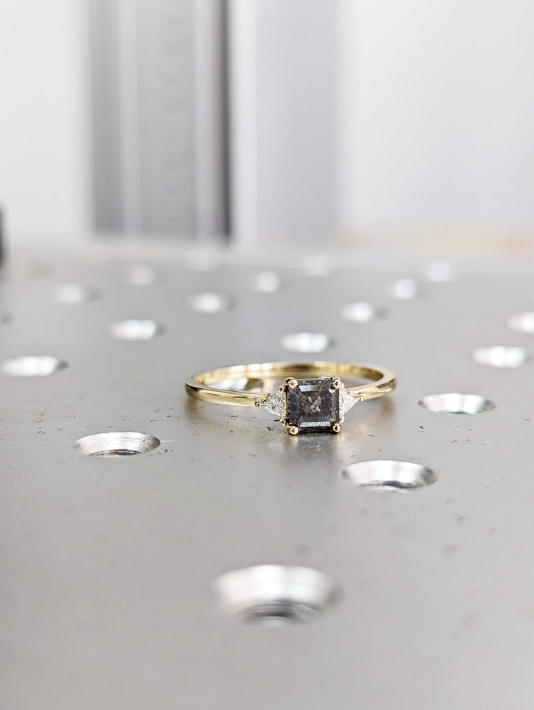 Raw Diamond square Triangle Diamond, Salt and Pepper, Plain Unique Bridal Engagement Set asscher cut Geometric Diamond Ring, Custom Handmade