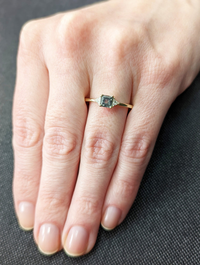 Raw Diamond square Triangle Diamond, Salt and Pepper, Plain Unique Bridal Engagement Set asscher cut Geometric Diamond Ring, Custom Handmade