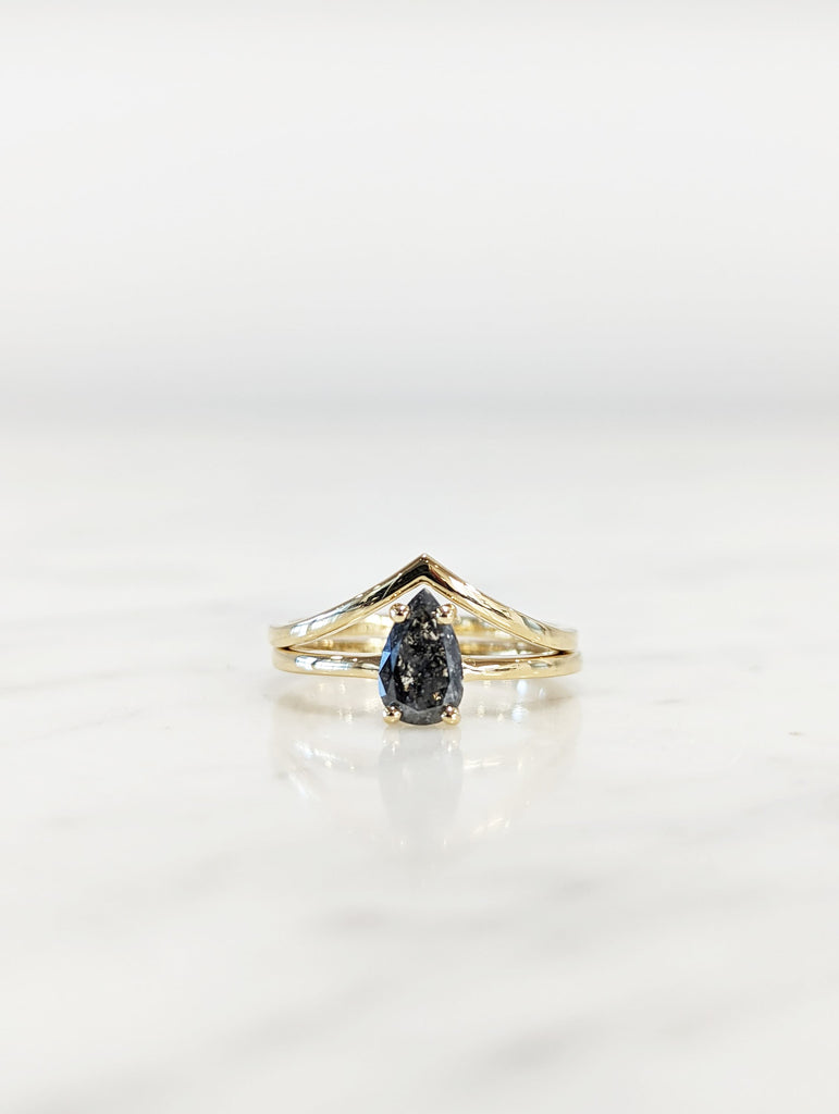 1920's Raw Salt and Pepper Diamond, Rose Cut Pear Diamond Ring, Unique Engagement, Black, Gray Pear, 14k Yellow, Rose, or White Gold