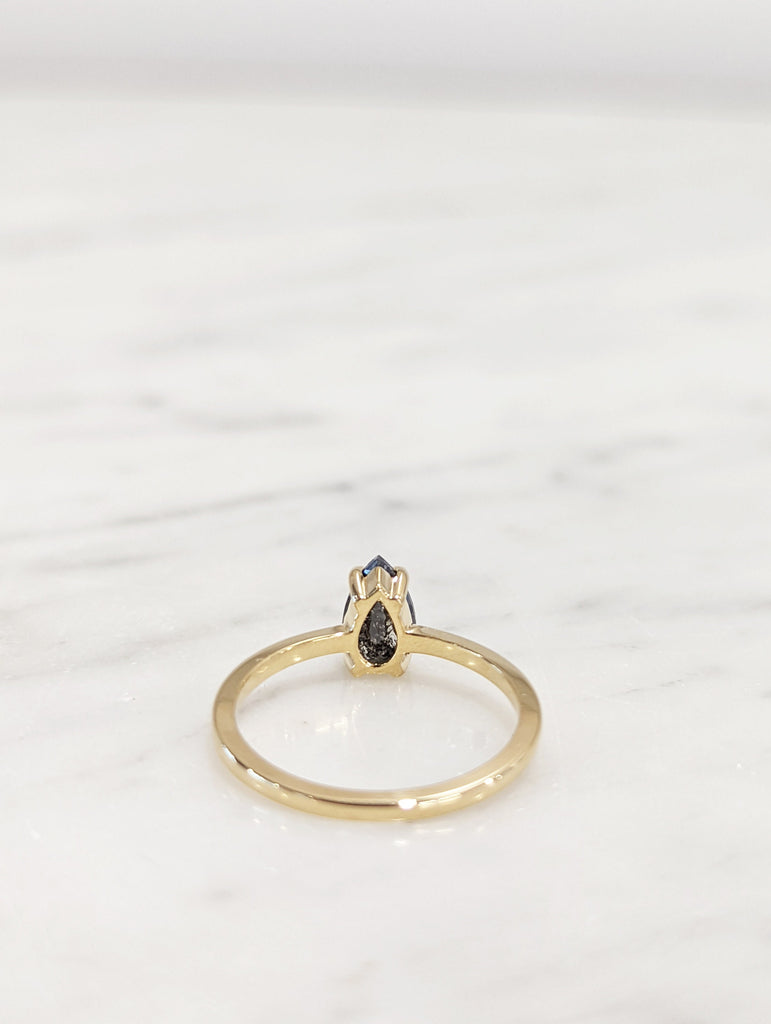 1920's Raw Salt and Pepper Diamond, Rose Cut Pear Diamond Ring, Unique Engagement, Black, Gray Pear, 14k Yellow, Rose, or White Gold