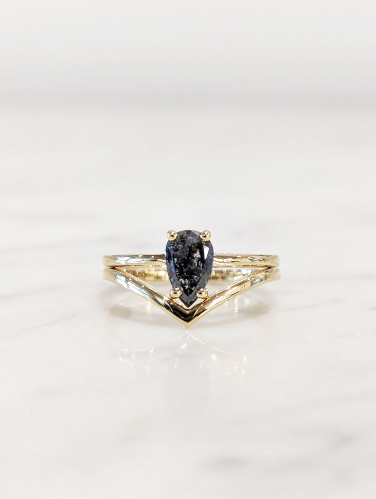 1920's Raw Salt and Pepper Diamond, Rose Cut Pear Diamond Ring, Unique Engagement, Black, Gray Pear, 14k Yellow, Rose, or White Gold