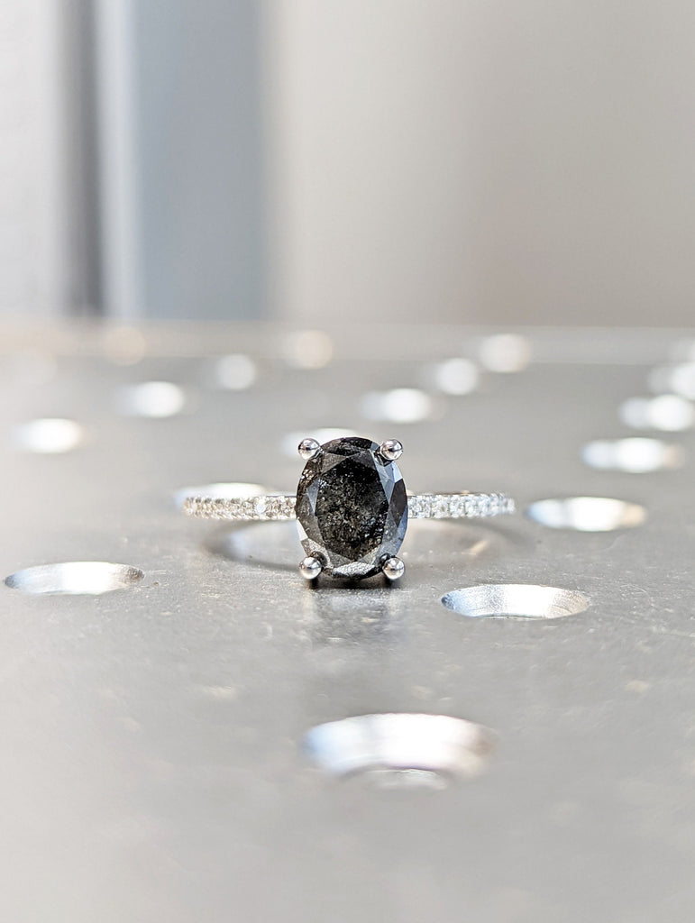 1920's Raw Salt and Pepper Diamond, Oval Diamond Ring, Unique Engagement Bridal Set, Black, Gray Oval, 14k Yellow, Rose, or White Gold