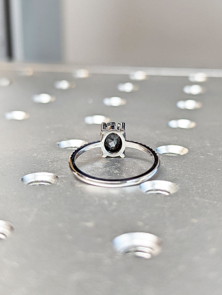1920's Raw Salt and Pepper Diamond, Oval Diamond Ring, Unique Engagement Bridal Set, Black, Gray Oval, 14k Yellow, Rose, or White Gold