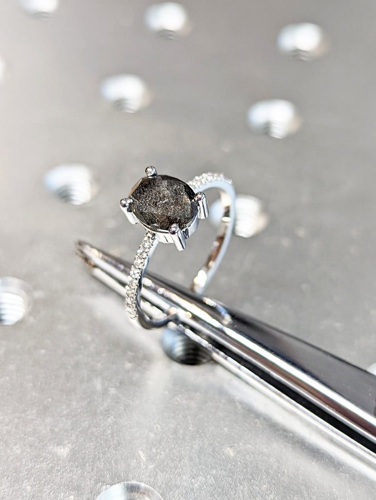 1920's Raw Salt and Pepper Diamond, Oval Diamond Ring, Unique Engagement Bridal Set, Black, Gray Oval, 14k Yellow, Rose, or White Gold