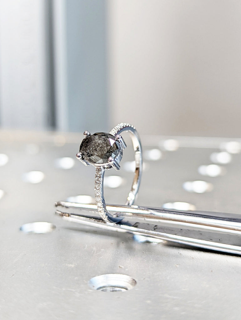 1920's Raw Salt and Pepper Diamond, Oval Diamond Ring, Unique Engagement Bridal Set, Black, Gray Oval, 14k Yellow, Rose, or White Gold