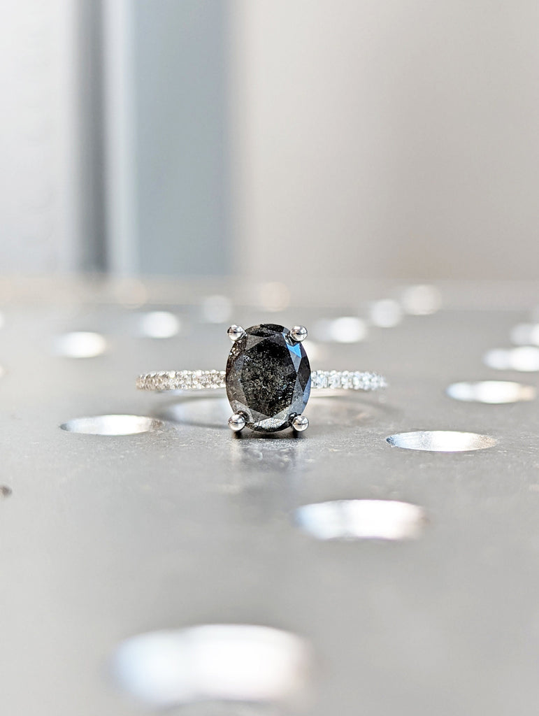 1920's Raw Salt and Pepper Diamond, Oval Diamond Ring, Unique Engagement Bridal Set, Black, Gray Oval, 14k Yellow, Rose, or White Gold