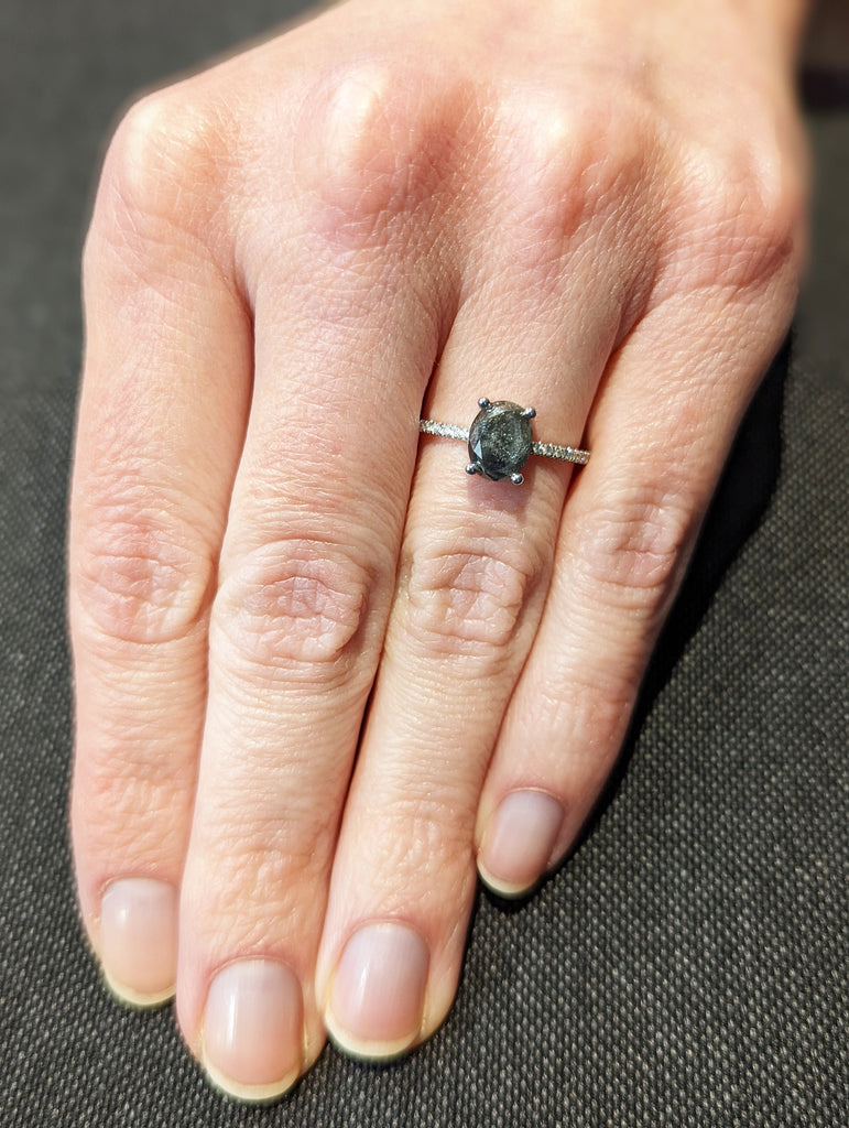 1920's Raw Salt and Pepper Diamond, Oval Diamond Ring, Unique Engagement Bridal Set, Black, Gray Oval, 14k Yellow, Rose, or White Gold