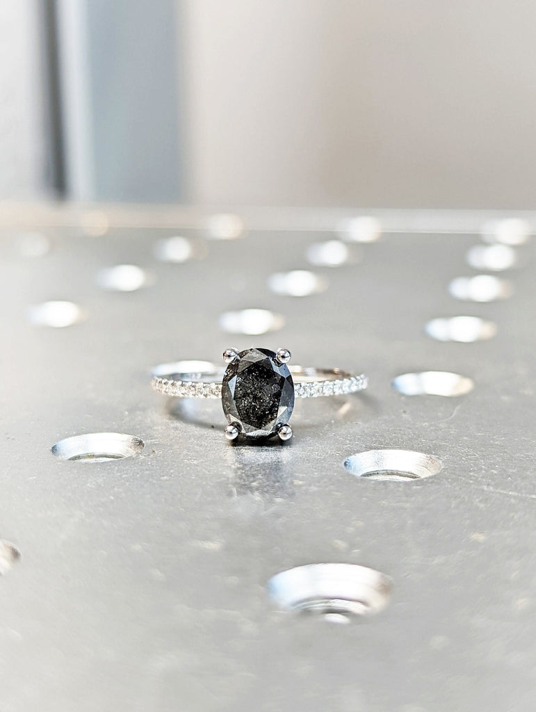 1920's Raw Salt and Pepper Diamond, Oval Diamond Ring, Unique Engagement Bridal Set, Black, Gray Oval, 14k Yellow, Rose, or White Gold