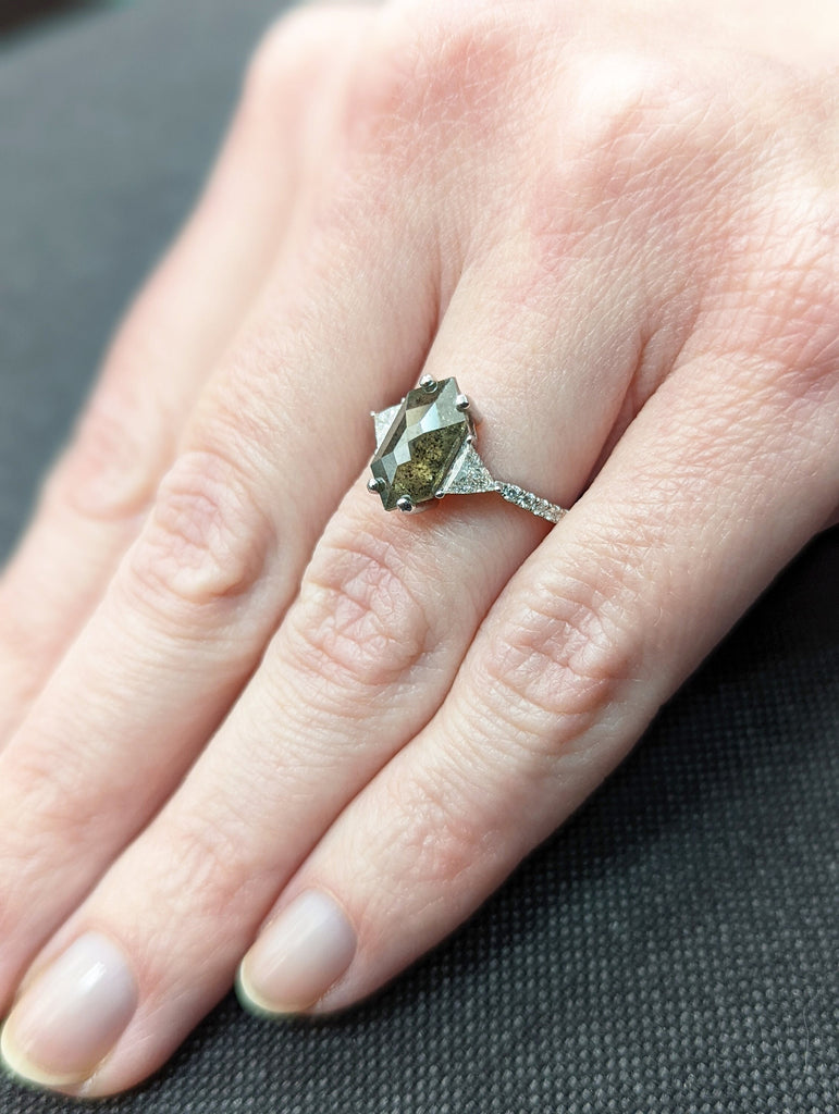 Raw Diamond Hexagon Triangle Diamond, Salt and Pepper, Unique Engagement Ring, Rose Cut Geometric Diamond Ring, 14k Gold, Custom Handmade