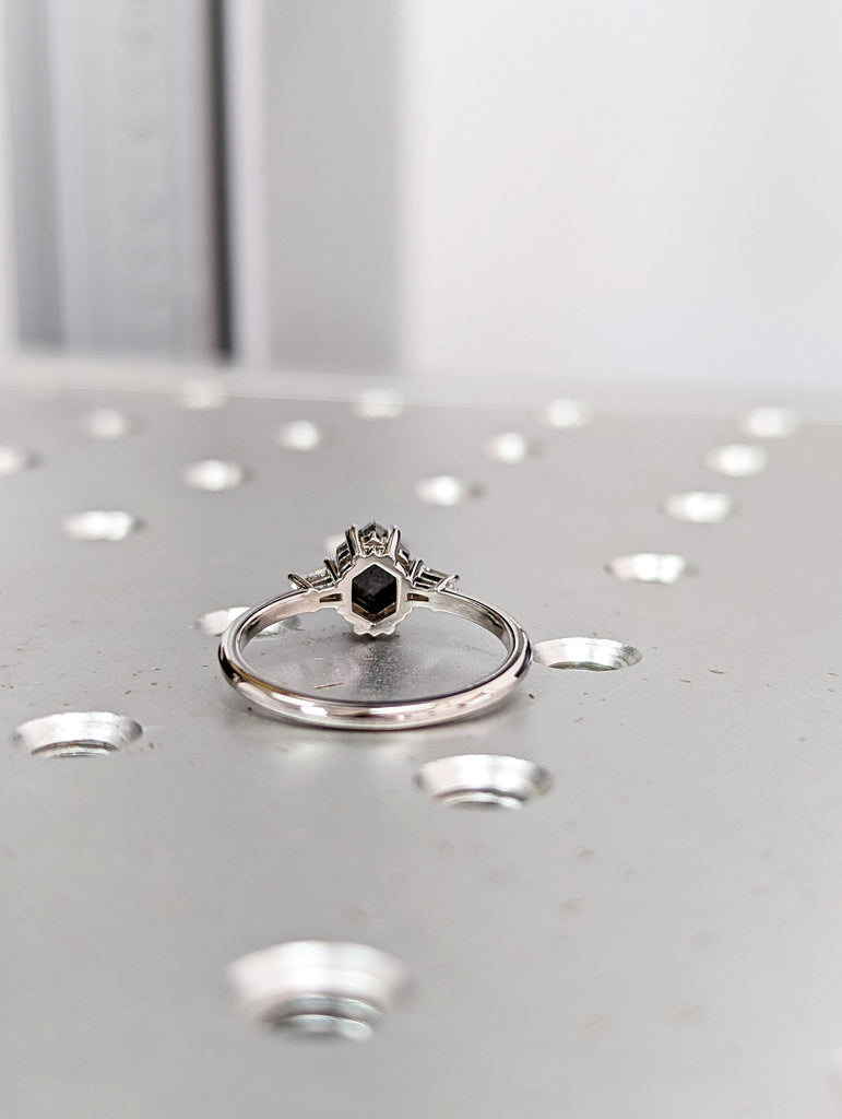 Raw Diamond Hexagon Tapered baguette Diamond, Salt and Pepper, Unique Bridal Engagement, Rose Cut Geometric Diamond Ring, Custom Handmade