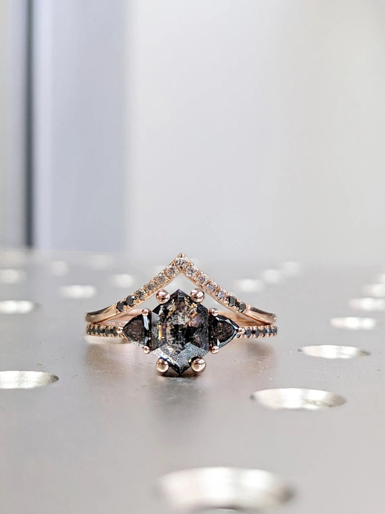 Raw Diamond Hexagon Triangle Diamond, Salt and Pepper, Unique Engagement Ring, Rose Cut Geometric Diamond Ring, 14k Gold, Custom Handmade