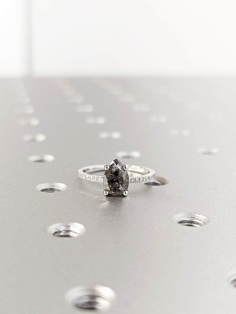1920's Raw Salt and Pepper Diamond, Pear Diamond Ring, Unique Engagement Bridal Set, Black, Gray Pear, 14k Yellow, Rose, or White Gold