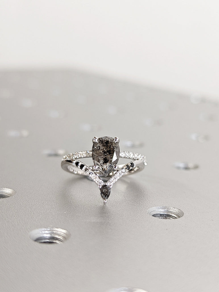 1920's Raw Salt and Pepper Diamond, Pear Diamond Ring, Unique Engagement Bridal Set, Black, Gray Pear, 14k Yellow, Rose, or White Gold