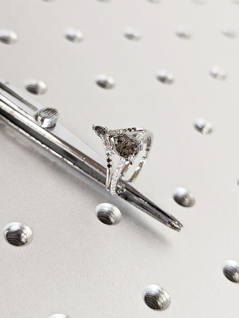 1920's Raw Salt and Pepper Diamond, Pear Diamond Ring, Unique Engagement Bridal Set, Black, Gray Pear, 14k Yellow, Rose, or White Gold