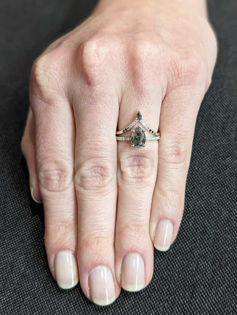 1920's Raw Salt and Pepper Diamond, Pear Diamond Ring, Unique Engagement Bridal Set, Black, Gray Pear, 14k Yellow, Rose, or White Gold