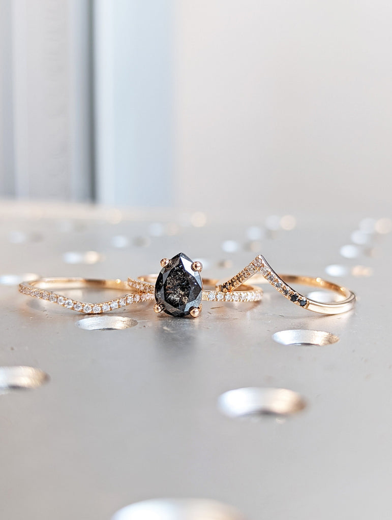 1.5 Carat 1920's Raw Salt and Pepper Diamond, Pear Diamond Ring, Unique Engagement Bridal Set, Black, Gray Pear, 14k Yellow, Rose White Gold