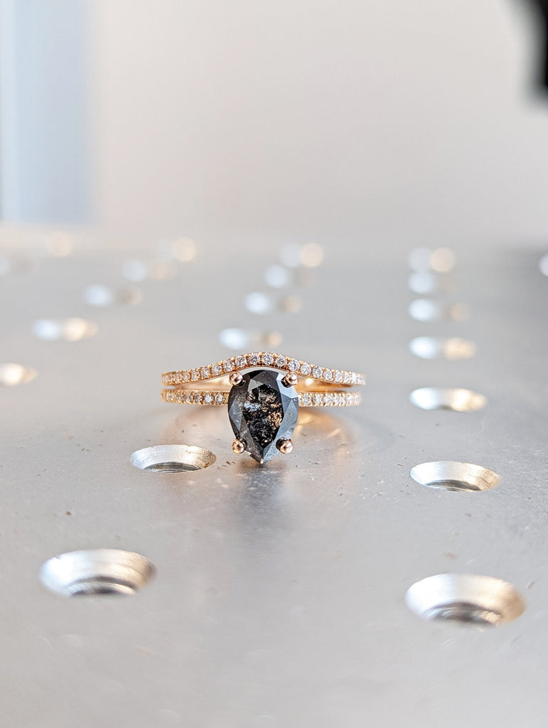 1920's Raw Salt and Pepper Diamond, Pear Diamond Ring, Unique Engagement Bridal Set, Black, Gray Pear, 14k Yellow, Rose, or White Gold