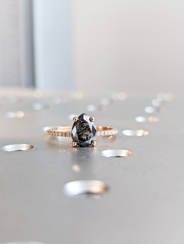 1920's Raw Salt and Pepper Diamond, Pear Diamond Ring, Unique Engagement Bridal Set, Black, Gray Pear, 14k Yellow, Rose, or White Gold