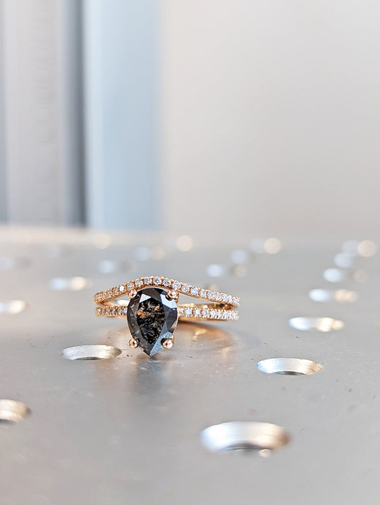 1920's Raw Salt and Pepper Diamond, Pear Diamond Ring, Unique Engagement Bridal Set, Black, Gray Pear, 14k Yellow, Rose, or White Gold