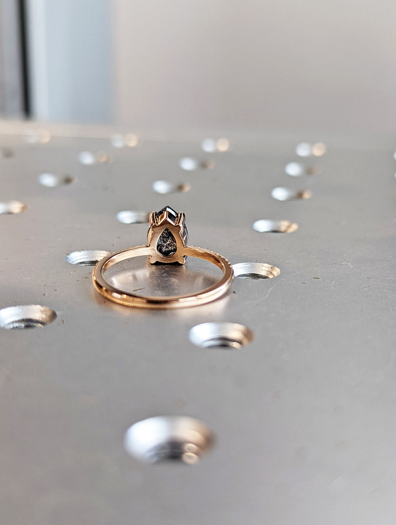 1920's Raw Salt and Pepper Diamond, Pear Diamond Ring, Unique Engagement Bridal Set, Black, Gray Pear, 14k Yellow, Rose, or White Gold