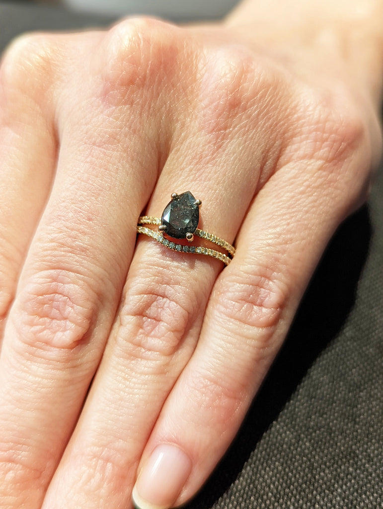 1920's Raw Salt and Pepper Diamond, Pear Diamond Ring, Unique Engagement Bridal Set, Black, Gray Pear, 14k Yellow, Rose, or White Gold