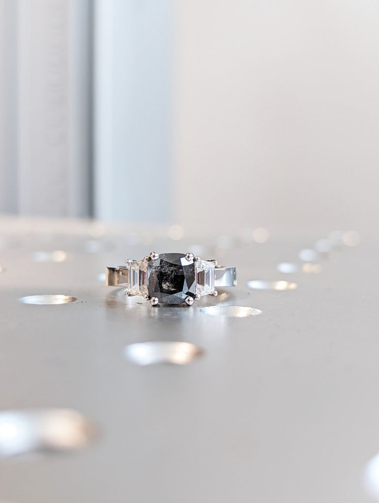 1.5 ct. Cushion salt & pepper Trapezoid Engagement Ring, Raw Diamond Ring, Salt and Pepper, Unique Engagement Ring, three stone Diamond Ring
