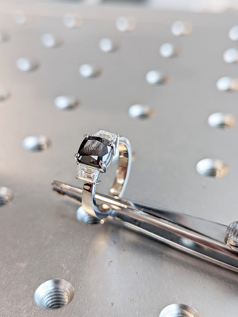 1.5 ct. Cushion salt & pepper Trapezoid Engagement Ring, Raw Diamond Ring, Salt and Pepper, Unique Engagement Ring, three stone Diamond Ring