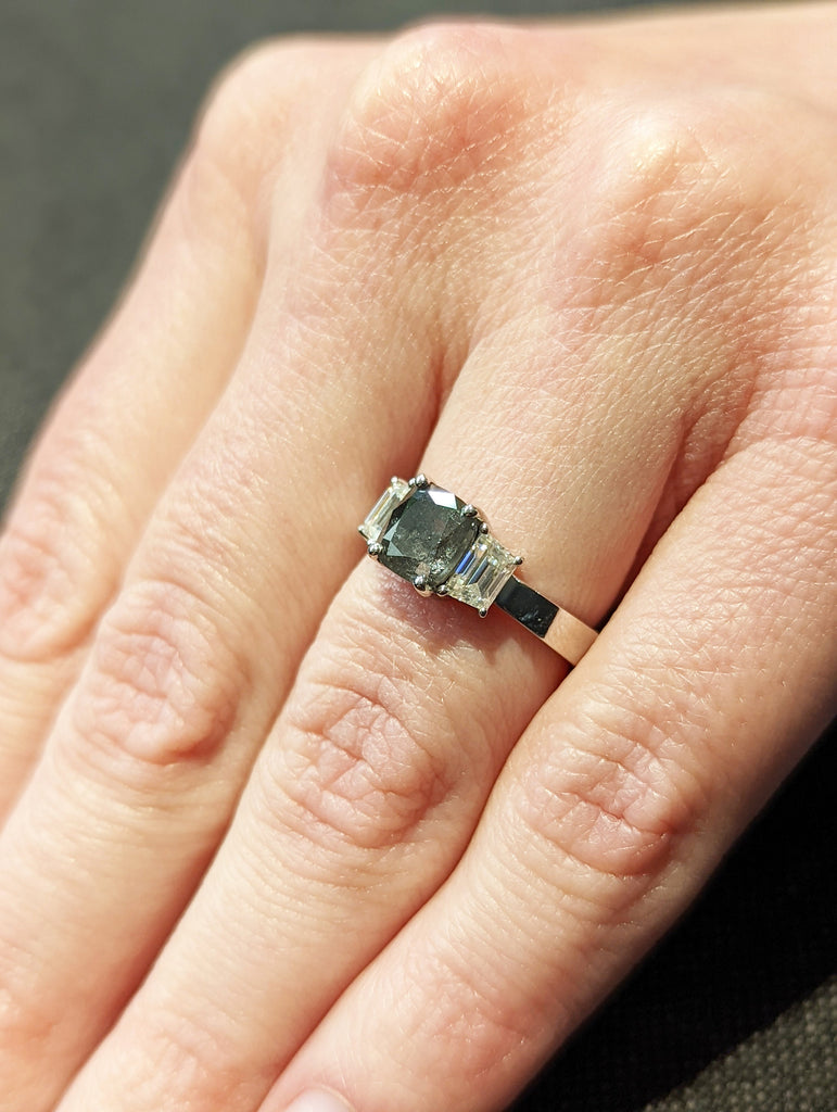Cushion Cut and Trapezoid Cut Engagement Ring, Raw Diamond Ring, Salt and Pepper, Unique Engagement Ring, three stone Diamond Ring