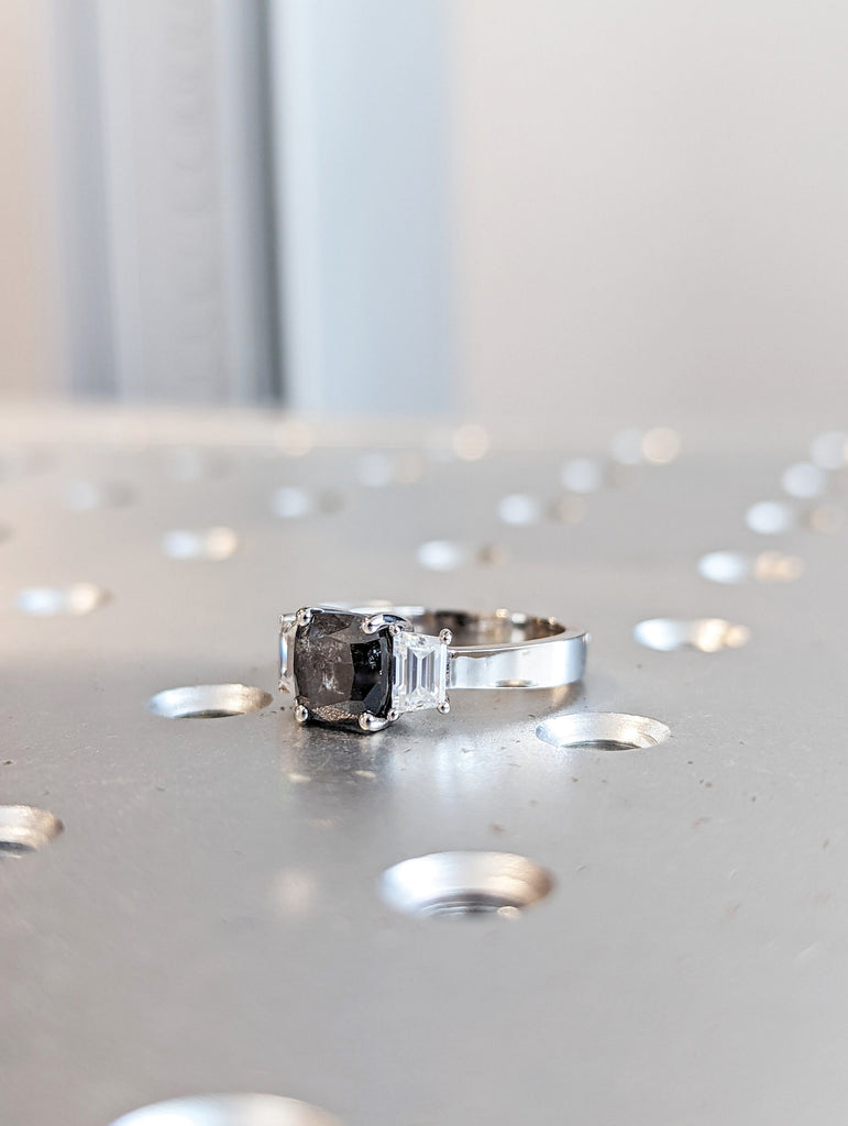 1.5 ct. Cushion salt & pepper Trapezoid Engagement Ring, Raw Diamond Ring, Salt and Pepper, Unique Engagement Ring, three stone Diamond Ring