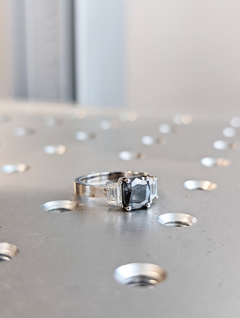 Cushion Cut and Trapezoid Cut Engagement Ring, Raw Diamond Ring, Salt and Pepper, Unique Engagement Ring, three stone Diamond Ring