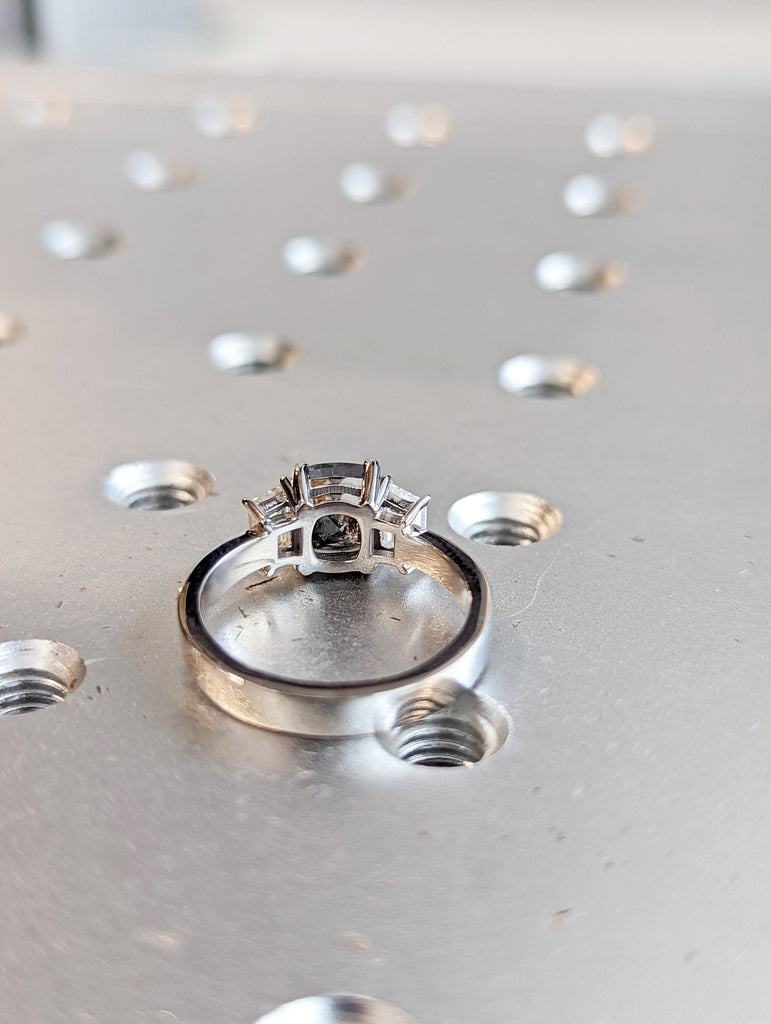1.5 ct. Cushion salt & pepper Trapezoid Engagement Ring, Raw Diamond Ring, Salt and Pepper, Unique Engagement Ring, three stone Diamond Ring