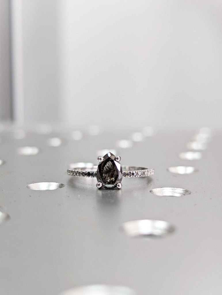 1920's Raw Salt and Pepper Diamond, Pear Diamond Ring, Ombre Unique Engagement Bridal Set, Black, Gray Pear, 14k Yellow, Rose White Gold