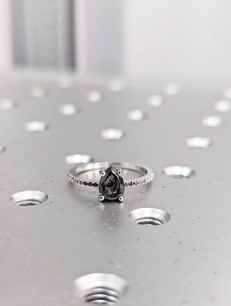 1920's Raw Salt and Pepper Diamond, Pear Diamond Ring, Ombre Unique Engagement Bridal Set, Black, Gray Pear, 14k Yellow, Rose White Gold