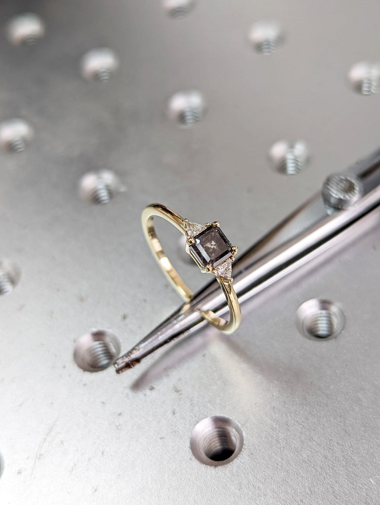 Raw Diamond Asscher cut Diamond Triangle Moissanite, Salt and Pepper, Unique Bridal Engagement Set, Rose Cut Geometric Diamond Ring