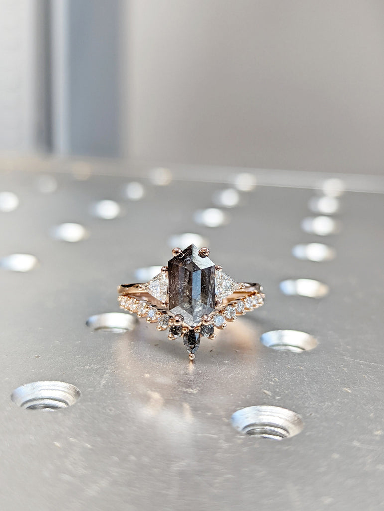 Raw Diamond Hexagon Triangle Diamond, Salt and Pepper, Plain Unique Bridal Engagement Set, Rose Cut Geometric Diamond Ring, Custom Handmade