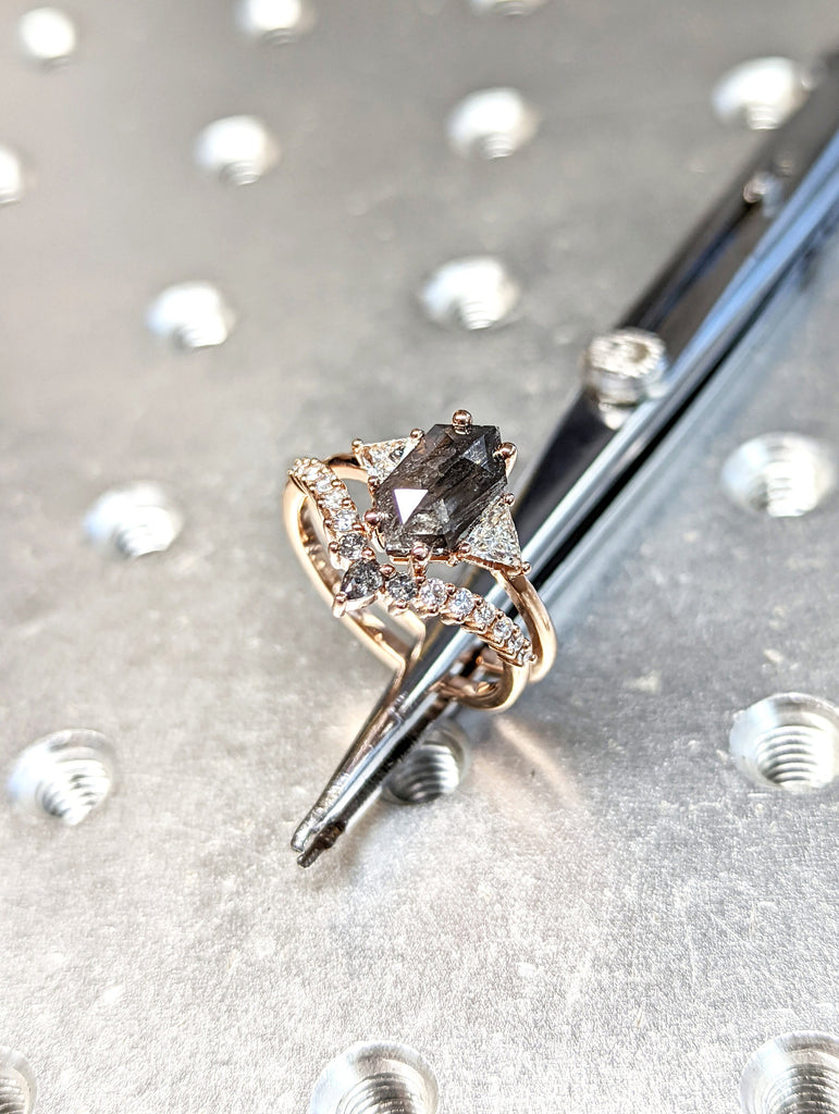Raw Diamond Hexagon Triangle Diamond, Salt and Pepper, Plain Unique Bridal Engagement Set, Rose Cut Geometric Diamond Ring, Custom Handmade