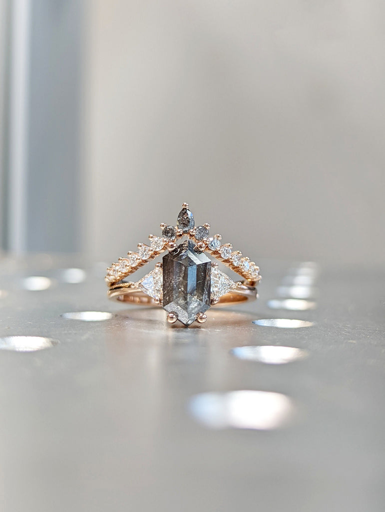 Raw Diamond Hexagon Triangle Diamond, Salt and Pepper, Plain Unique Bridal Engagement Set, Rose Cut Geometric Diamond Ring, Custom Handmade