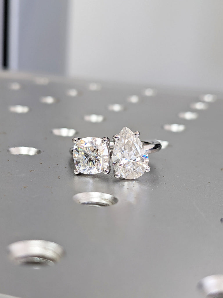 2.0 Carat Double Stone Engagement Ring Pear Cut and Cushion Cut Moissanite Two Stone Wedding Ring 14K White Yellow Rose Gold