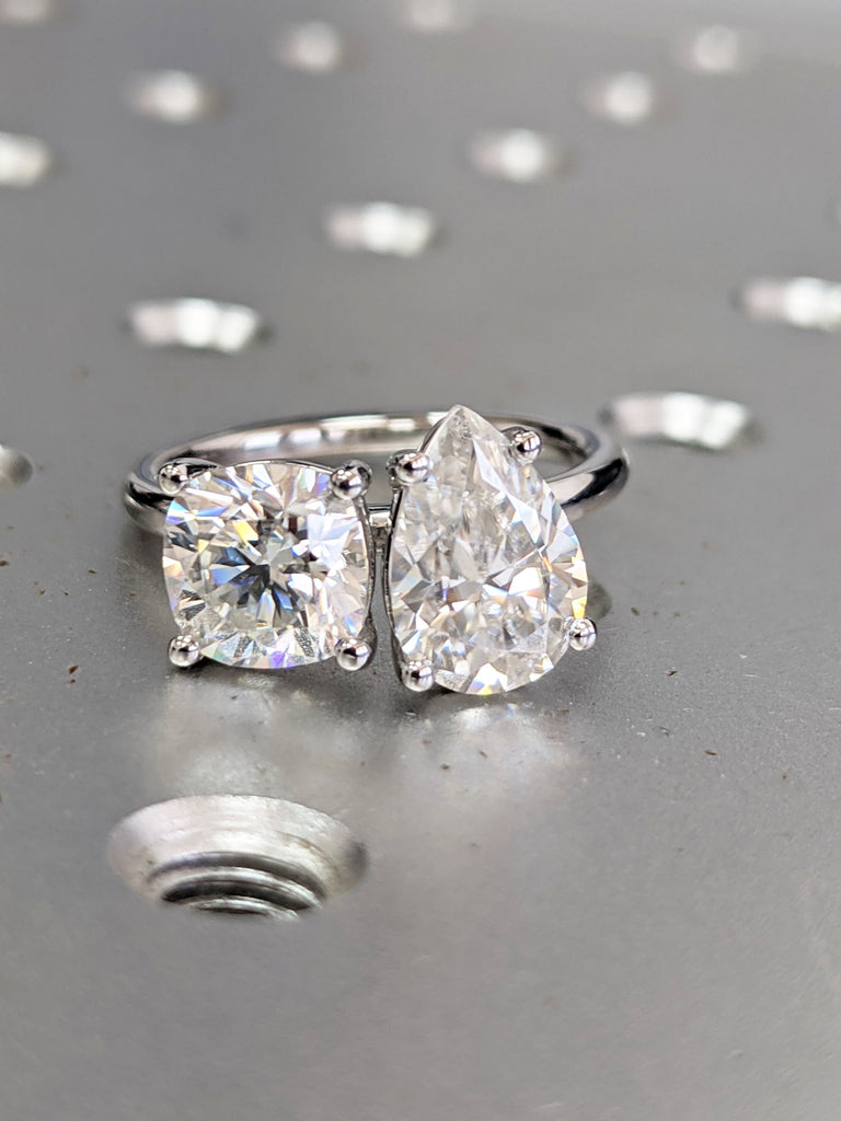 2.0 Carat Double Stone Engagement Ring Pear Cut and Cushion Cut Moissanite Two Stone Wedding Ring 14K White Yellow Rose Gold
