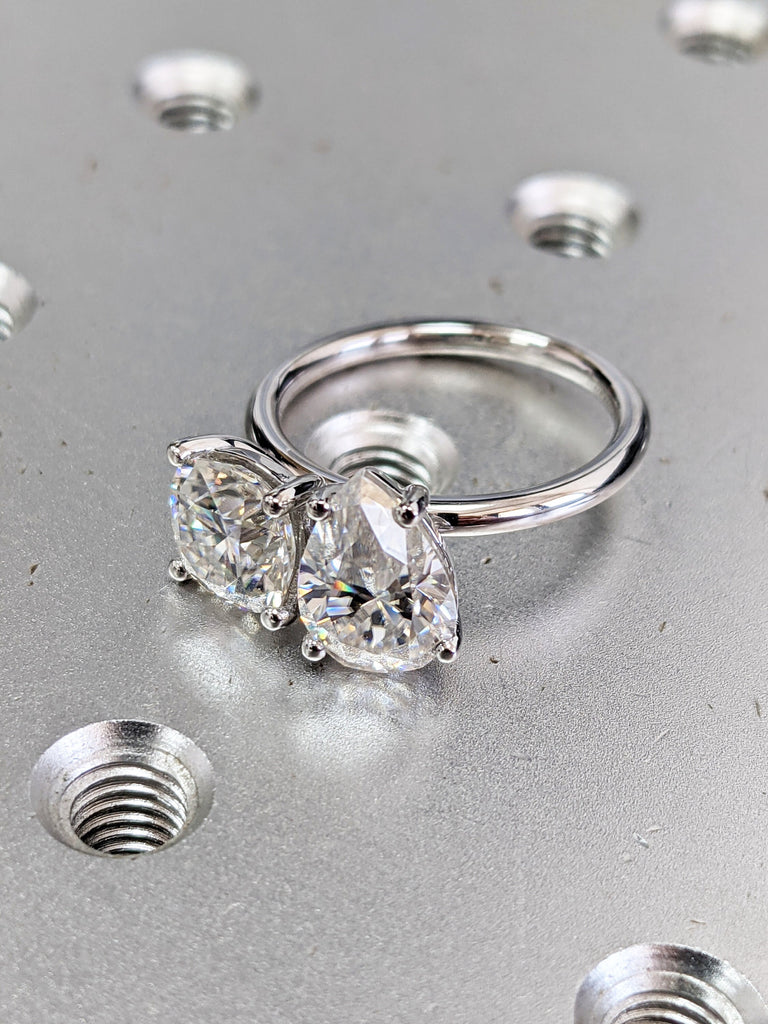 2.0 Carat Double Stone Engagement Ring Pear Cut and Cushion Cut Moissanite Two Stone Wedding Ring 14K White Yellow Rose Gold