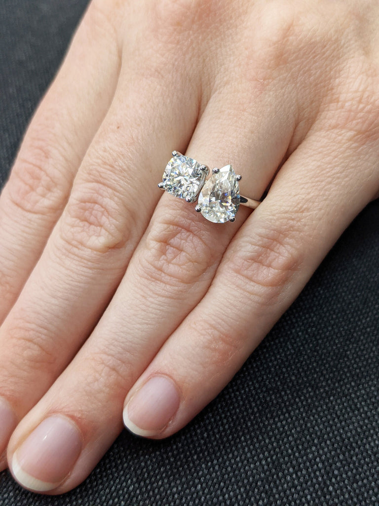 2.0 Carat Double Stone Engagement Ring Pear Cut and Cushion Cut Moissanite Two Stone Wedding Ring 14K White Yellow Rose Gold