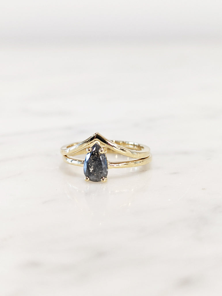 1920's Raw Salt and Pepper Diamond, Rose Cut Pear Diamond Ring, Unique Engagement, Black, Gray Pear, 14k Yellow, Rose, or White Gold