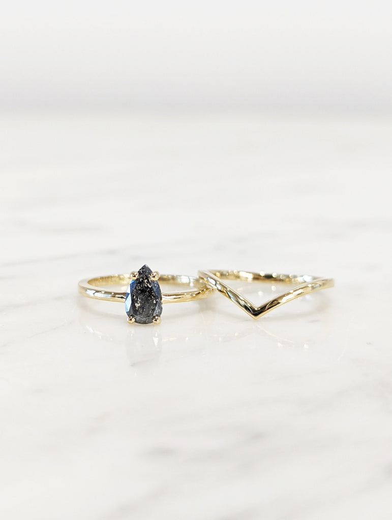 1920's Raw Salt and Pepper Diamond, Rose Cut Pear Diamond Ring, Unique Engagement, Black, Gray Pear, 14k Yellow, Rose, or White Gold