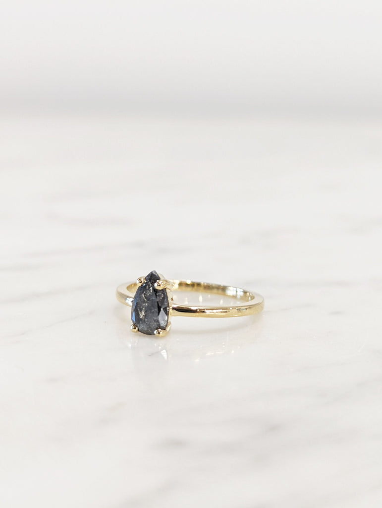 1920's Raw Salt and Pepper Diamond, Rose Cut Pear Diamond Ring, Unique Engagement, Black, Gray Pear, 14k Yellow, Rose, or White Gold