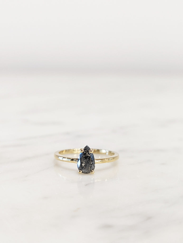 1920's Raw Salt and Pepper Diamond, Rose Cut Pear Diamond Ring, Unique Engagement, Black, Gray Pear, 14k Yellow, Rose, or White Gold