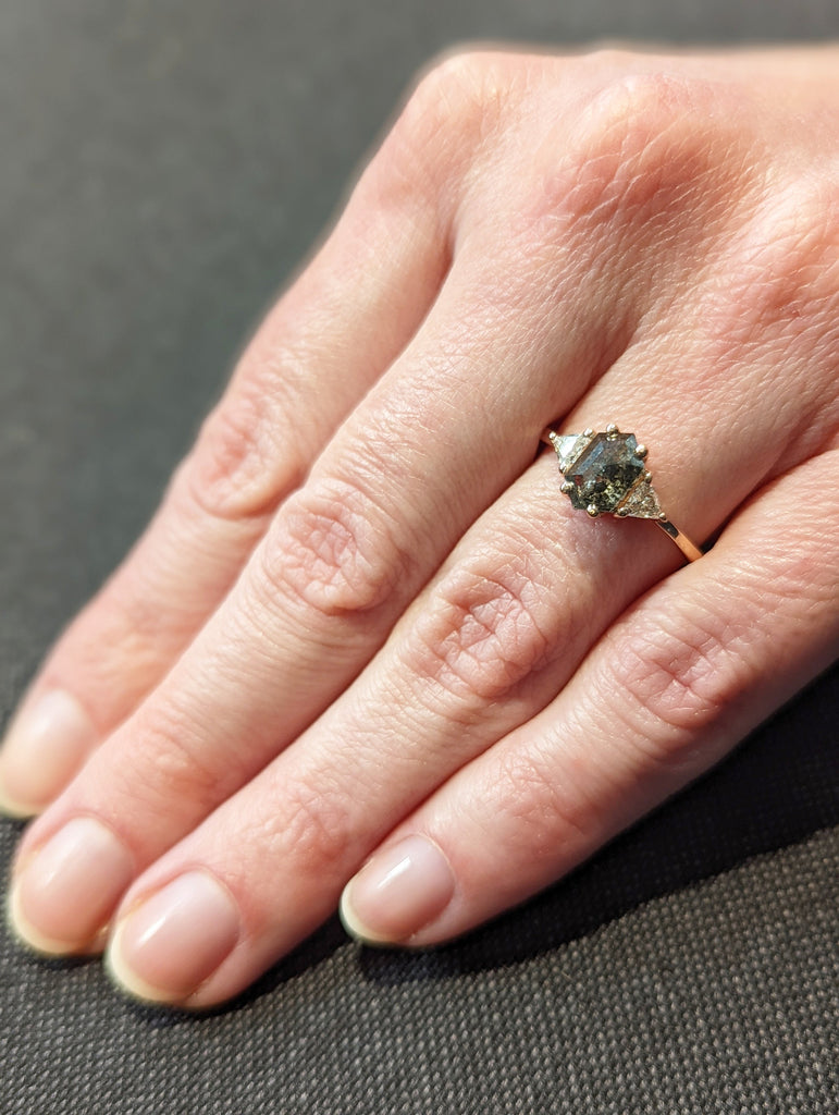 Raw Diamond Hexagon Triangle Diamond, Salt and Pepper, Plain Unique Bridal Engagement Set, Rose Cut Geometric Diamond Ring, Custom Handmade